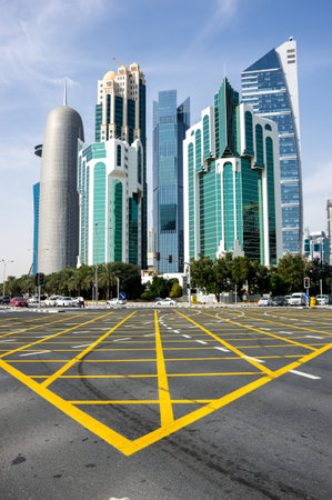 DOHA, QATAR - 30 JANUARY, 2020: Panoramic view with modern skyscrapers in the center of Doha, the capital and most populous city of the State of Qatarのeditorial素材