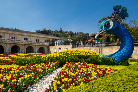 BA NA HILLS, VIETNAM - FEBRUARY 14, 2020: Gardens in Ba Na Hills, a resort located in the Truong Son Mountains west of the city of Da Nang, in central Vietnamのeditorial素材