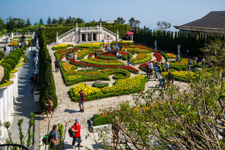 BA NA HILLS, VIETNAM - FEBRUARY 14, 2020: Gardens in Ba Na Hills, a resort located in the Truong Son Mountains west of the city of Da Nang, in central Vietnamのeditorial素材
