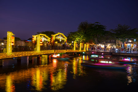 Night view of river in Hoi An, city on the central Vietnamese coast, a well-preserved example of the important Southeast Asian trading portの写真素材