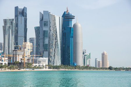 DOHA, QATAR - 30 JANUARY, 2020: Panoramic view with modern skyscrapers in the center of Doha, the capital and most populous city of the State of Qatarのeditorial素材