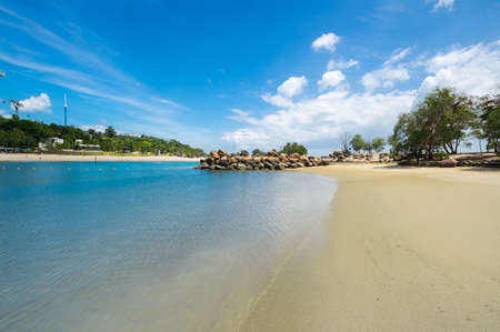 Panoramic view of the beach on Sentosa Island in Singapore, a popular tourist destinationの写真素材