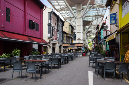SINGAPORE - FEBRUARY 20, 2020: Panoramic view of historic buildings in Chinatown of Singaporeのeditorial素材