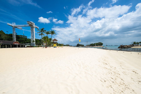 SINGAPORE - FEBRUARY 20, 2020: Panoramic view of the beach on Sentosa Island in Singapore, a popular tourist destinationのeditorial素材
