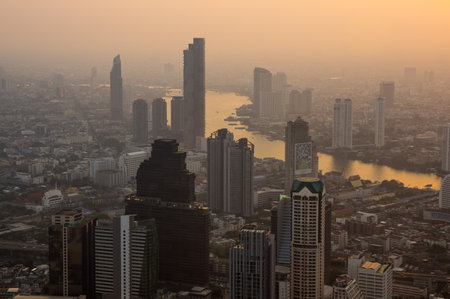 BANGKOK, THAILAND - FEBRUARY 22, 2020: Top view of skyscrapers in Bangkok from the roof of MahaNakhon skyscraper, Bangkok, Thailandのeditorial素材
