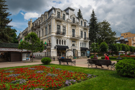 KISLOVODSK, RUSSIA - JULY 09, 2020: View of the street in Kislovodsk, a spa city in Stavropol Krai, in the North Caucasus region of Russiaのeditorial素材