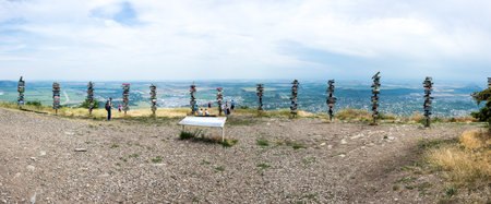 PYATIGORSK, RUSSIA - JULY 13, 2020: The peak of Mashuk, an isolated mountain in the North Caucasus overlooking the city of Pyatigorsk in Stavropol Krai, Russiaのeditorial素材