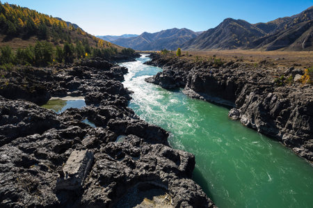 View of river Katun and Altay mountains in the autumn, Siberia, Russia