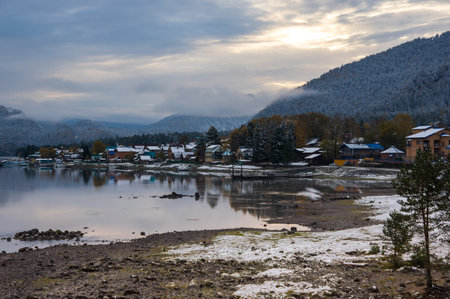 Lake Teletskoye in the autumn in Altay, Siberia, Russiaの写真素材