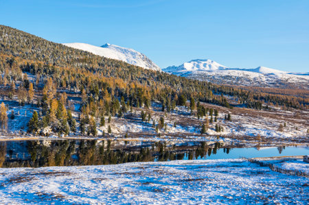 View of lake on Ulagan Highlands in Altay mountains, Siberia, Russiaの写真素材