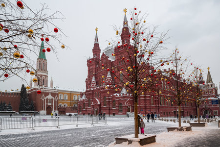 MOSCOW, RUSSIA - FEBRUARY 10, 2021: View of State Historical Museum and Nikolskaya Tower of Kremlin on Red Square in Moscow, capital of Russiaのeditorial素材