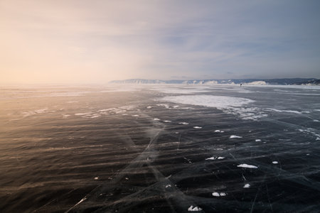 Ice of Lake Baikal, the deepest and largest freshwater lake by volume in the world, located in southern Siberia, Russiaの写真素材