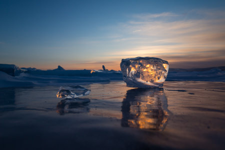 Ice of Lake Baikal, the deepest and largest freshwater lake by volume in the world, located in southern Siberia, Russiaの写真素材