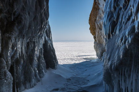 Ice cave on island at Baikal Lake, Siberia, Russiaの写真素材