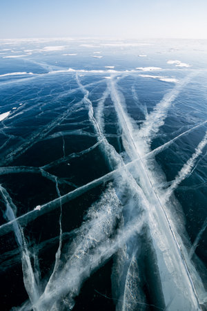 Ice of Lake Baikal, the deepest and largest freshwater lake by volume in the world, located in southern Siberia, Russiaの写真素材