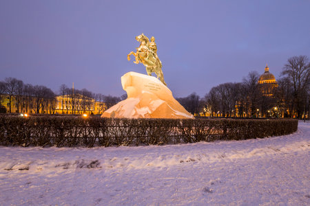 The Bronze Horseman is an equestrian statue of Peter the Great in the Senate Square in Saint Petersburg, Russiaのeditorial素材