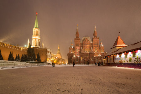 View of State Historical Museum and Nikolskaya Tower of Kremlin on Red Square in Moscow, capital of Russiaのeditorial素材