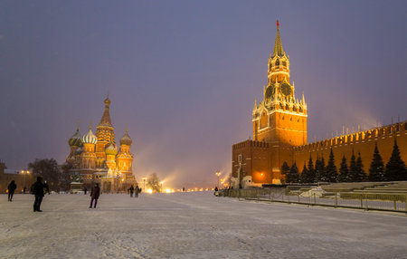View of Kremlin and Saint Basil Cathedral on Red Square in Moscow, capital of Russiaのeditorial素材