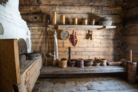 Interior of wooden house in Taltsy Architectural-Ethnographic Museum, Irkutsk region, Siberia, Russiaのeditorial素材