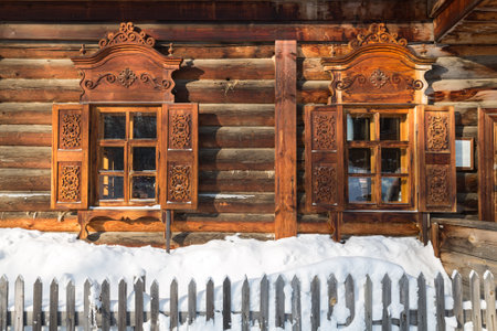 Wooden house in Taltsy Architectural-Ethnographic Museum, Irkutsk region, Siberia, Russiaのeditorial素材
