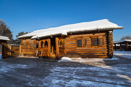 Wooden house in Taltsy Architectural-Ethnographic Museum, Irkutsk region, Siberia, Russiaのeditorial素材