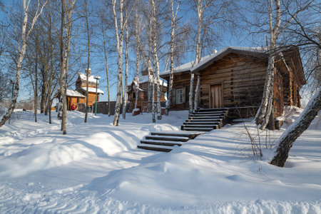 Wooden houses in Taltsy Architectural-Ethnographic Museum, Irkutsk region, Siberia, Russiaのeditorial素材