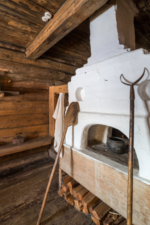 Interior of wooden house in Taltsy Architectural-Ethnographic Museum, Irkutsk region, Siberia, Russiaのeditorial素材