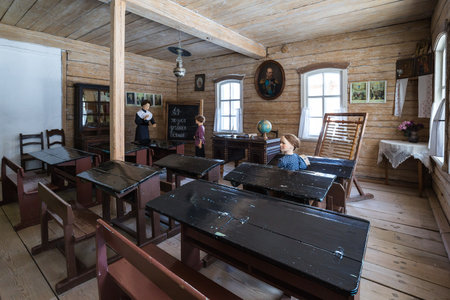 Interior of wooden school in Taltsy Architectural-Ethnographic Museum, Irkutsk region, Siberia, Russiaのeditorial素材