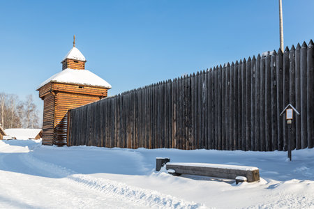 Wooden fortress in Taltsy Architectural-Ethnographic Museum, Irkutsk region, Siberia, Russiaのeditorial素材