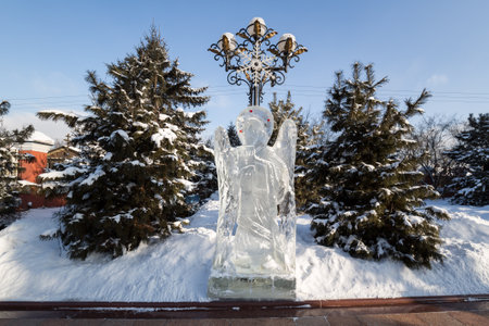 IRKUTSK, RUSSIA - FEBRUARY 12, 2021: Ice sculpture in the Church of Our Lady of Kazan, the orthodox church in Irkutsk, Russiaのeditorial素材