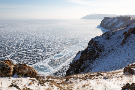 Lake Baikal in winter, the deepest and largest freshwater lake by volume in the world, located in southern Siberia, Russiaの写真素材