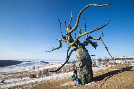 Bronze tree Keeper of Baikal in Olkhon island, Siberia, Russiaの写真素材