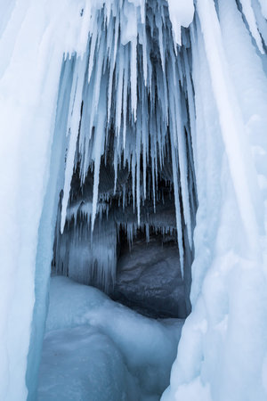 Icicles on the rocks on Olkhon island, Baikal lake, Siberia, Russiaの写真素材