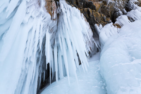 Icicles on the rocks on Olkhon island, Baikal lake, Siberia, Russiaの写真素材
