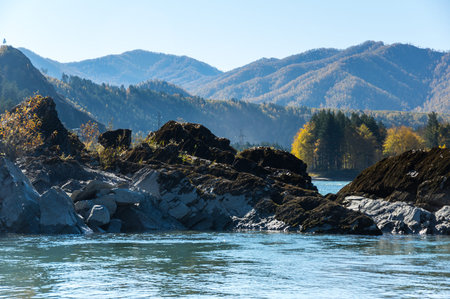 View of river Katun and Altay mountains in the autumn, Siberia, Russiaの写真素材