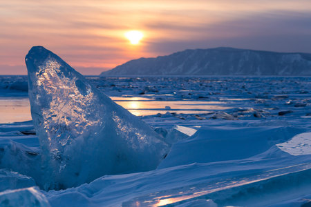 Hummocks on Lake Baikal, the deepest and largest freshwater lake by volume in the world, located in...