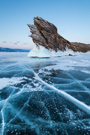 View of Lake Baikal in winter, the deepest and largest freshwater lake by volume in the world,...