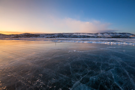 Ice of Lake Baikal, the deepest and largest freshwater lake by volume in the world, located in southern Siberia, Russiaの写真素材