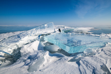 Hummocks on Lake Baikal, the deepest and largest freshwater lake by volume in the world, located in...