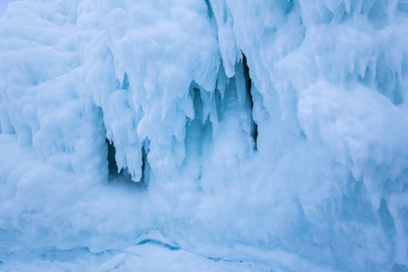 Icicles on the rocks on Olkhon island, Baikal lake, Siberia, Russia