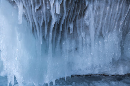 Icicles on the rocks on Olkhon island, Baikal lake, Siberia, Russia