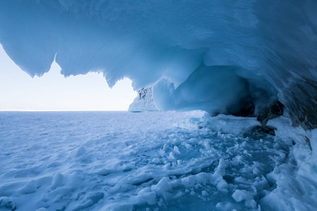 Icicles on the rocks on Olkhon island, Baikal lake, Siberia, Russia