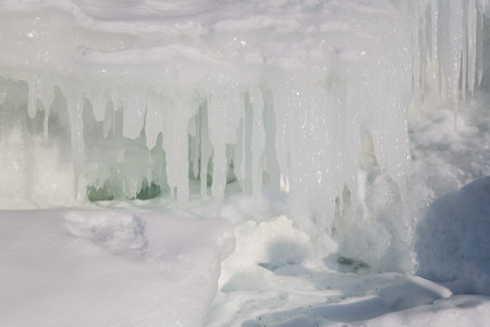 Icicles on the rocks on Olkhon island, Baikal lake, Siberia, Russia