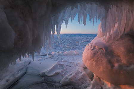 Ice cave on island Olkhon at Baikal Lake, Siberia, Russiaの写真素材