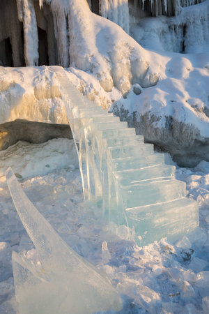Coast of lake Baikal in winter, the deepest and largest freshwater lake by volume in the world,...
