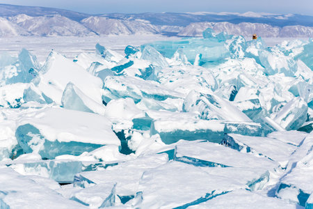 Hummocks on Lake Baikal, the deepest and largest freshwater lake by volume in the world, located in...
