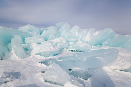Hummocks on Lake Baikal, the deepest and largest freshwater lake by volume in the world, located in...