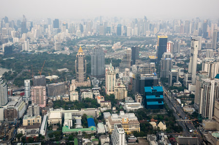 BANGKOK, THAILAND - FEBRUARY 22, 2020: Top view of skyscrapers in Bangkok from the roof of MahaNakhon skyscraper, Bangkok, Thailandのeditorial素材