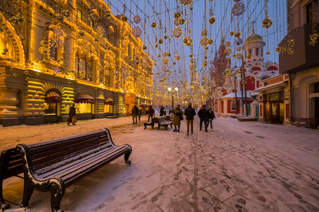 MOSCOW, RUSSIA - FEBRUARY 10, 2021: View of Shopping Mall GUM and Nikolskaya street in Moscow, capital of Russiaのeditorial素材