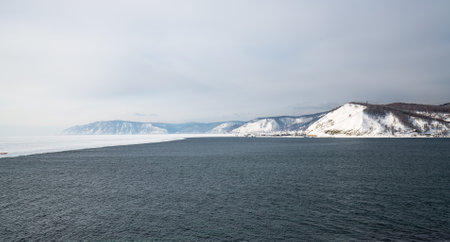 Winter view from Chersky stone in Listvyanka over lake Baikal and the Angara river, Siberia, Russiaの写真素材